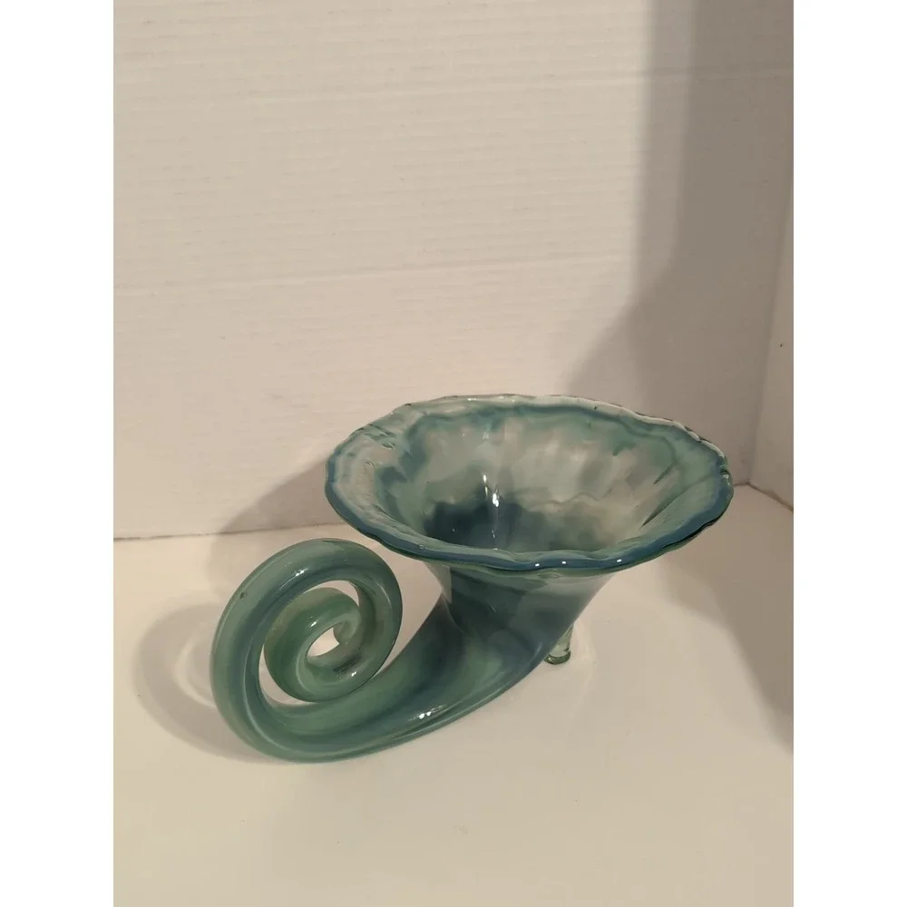 Vintage‎ Sooner Glass Hand-Blown Cornucopia Bluish Green Bowl